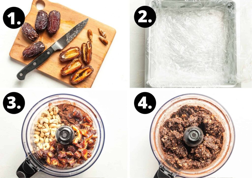 Steps 1-4 of preparing this recipe in a photo collage - chopping the dates, lining the tin, the ingredients in a food processor and the blended mixture.